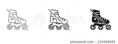 No Roller Skating Allowed Line And Icon Set. Prohibition Of Rollerblading In Restricted Areas Outline And Silhouette Symbol Collection. Safety And Regulation Signage. Isolated Vector Illustration 134498089