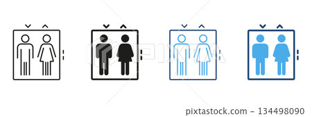 Elevator With Male And Female Symbols Line And Solid Icon Set. Gender Inclusive Elevator Signage And Accessibility Symbol Collection. Public Facility Navigation. Isolated Vector Illustration 134498090