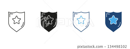 Shield With Star Line And Solid Icon Set. Security, Protection and Safety Assurance Outline And Silhouette Symbol Collection. Defense And Trust. Isolated Vector Illustration 134498102