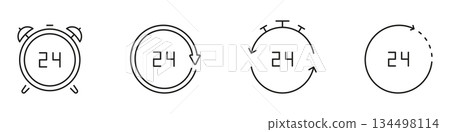 24-Hour Time Cycle Line Icon Set. Continuous Operation, Availability, And Service Duration Outline Symbol Collection. Time Management And Scheduling. Editable Stroke. Isolated Vector Illustration 134498114