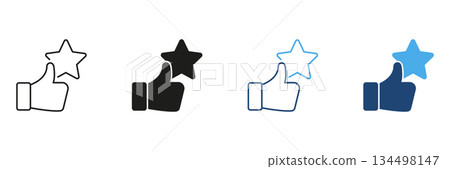 Thumbs Up With Star Line And Solid Icon Set. Positive Feedback, Approval, And Quality Rating Outline And Silhouette Symbol Collection. Isolated Vector Illustration 134498147