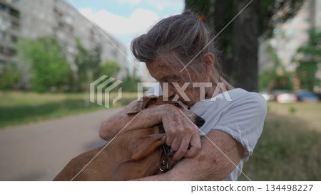 Animal theme is a lonely old woman best friend. Caucasian 90 years old senior female is happy to spend time with her pet small dachshund dog, holding her in her arms, hugging hugs and kisses outdoor Animal theme is a lonely old woman best friend. Caucasian 90 years old senior female is happy to spend time with her pet small dachshund dog, holding her in her arms, hugging hugs and kisses outdoor 134498227