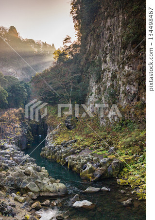 高千穗峽谷籠罩在薄霧和光芒之中－一片奇妙的自然景觀 134498467