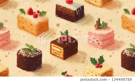 Colorful petit cake watercolor pattern Sweets background material Colorful petit cake watercolor pattern Sweets background material 134499789