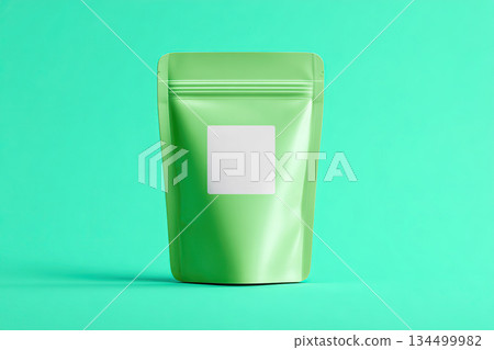 Package for healthy algae snack on vibrant mint backdrop highlighting nutritional benefits 134499982