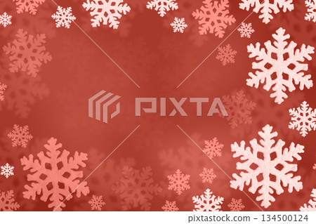 Christmas red background of pink snowflakes flying in the air. Holiday card for New Year and Christmas with space for greetings, labels and your design. 134500124