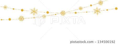 Happy Holiday background. Merry Christmas elements. Xmas ornaments. New Year banner. Light string. Golden glitter snow flakes garland. Winter bg. Vector illustration 134500192