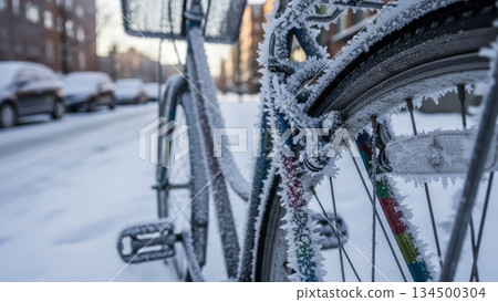 Frost covered bicycle wheel with colorful spokes parked on snowy winter street in urban residential neighborhood Frost covered bicycle wheel with colorful spokes parked on snowy winter street in urban residential neighborhood 134500304