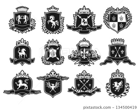 Set of coats of arms ready-made symbols logos Heraldic crest vector set blazon crest illustration 134500419