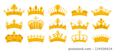 Crown symbols gold set royal luxury crown icon heraldry diverse crowns designs elements art vector Crown symbols gold set royal luxury crown icon heraldry diverse crowns designs elements art vector 134500424