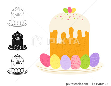 Easter cake and eggs for Happy Easter symbol cartoon set bakery cute sweet bread icing pastry icon 134500425