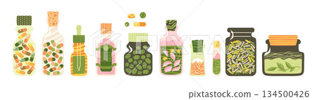 Medicine bottle pills capsules vitamin supplements cosmetics cartoon set flat vector illustration Medicine bottle pills capsules vitamin supplements cosmetics cartoon set flat vector illustration 134500426