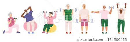 Older people play sports elderly men strength training exercises gym stretching therapeutic vector 134500433