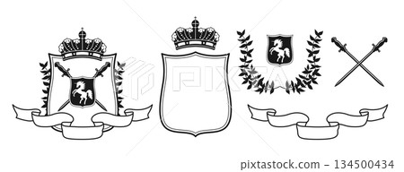 Coat of arms with unicorn shield and laurel wreath ribbon crown swords crosswise emblems logo vector Coat of arms with unicorn shield and laurel wreath ribbon crown swords crosswise emblems logo vector 134500434
