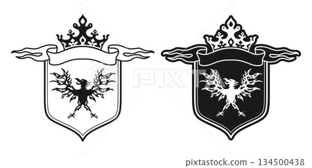 Coat of arms with noble eagle ribbon shield crown Heraldic crest set vintage vector illustration Coat of arms with noble eagle ribbon shield crown Heraldic crest set vintage vector illustration 134500438
