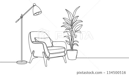Modern living room line art vector. Armchair floor lamp houseplant interior illustration vector 134500516