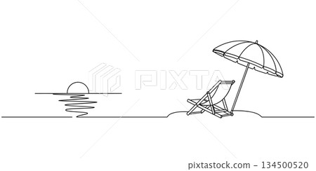 Beach sunset chair line art vector. Minimalist umbrella seaside continuous line illustration vector Beach sunset chair line art vector. Minimalist umbrella seaside continuous line illustration vector 134500520