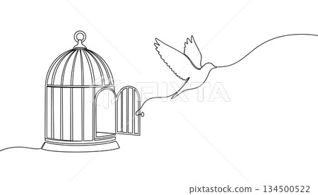 Freedom birdcage line art vector. Continuous line flying bird escape illustration vector Freedom birdcage line art vector. Continuous line flying bird escape illustration vector 134500522