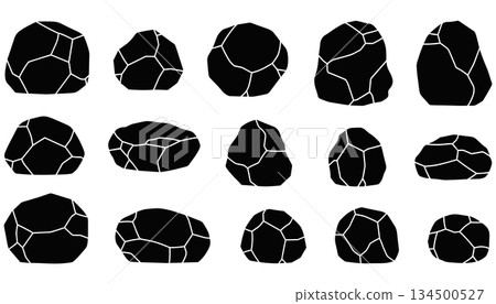 Rock texture shapes set vector. Black stone boulder silhouette collection vector 134500527