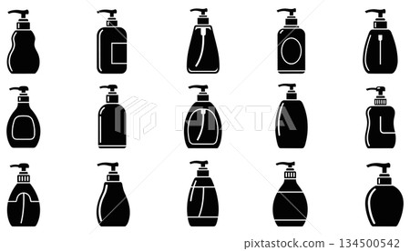 Dispenser pump bottle set vector. Cosmetic soap lotion container silhouette illustration vector Dispenser pump bottle set vector. Cosmetic soap lotion container silhouette illustration vector 134500542