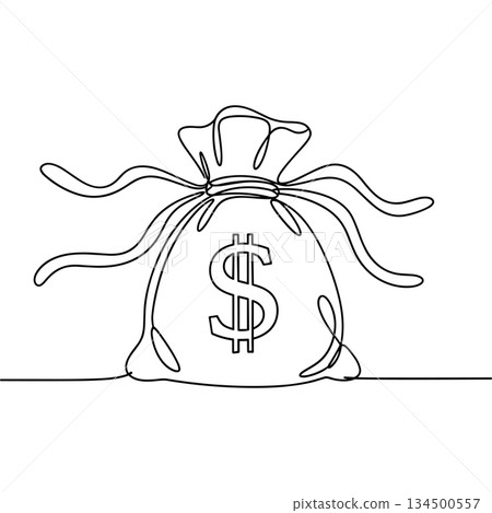 Money bag dollar line art vector. Continuous line cash wealth finance illustration vector 134500557