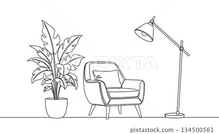 Cozy living room corner line art vector. Armchair floor lamp houseplant interior illustration vector Cozy living room corner line art vector. Armchair floor lamp houseplant interior illustration vector 134500561
