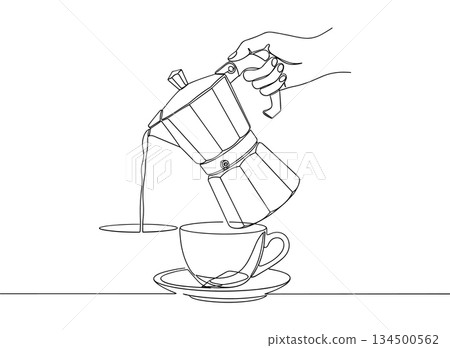 Coffee maker pouring line art vector. Continuous line espresso cup illustration vector Coffee maker pouring line art vector. Continuous line espresso cup illustration vector 134500562