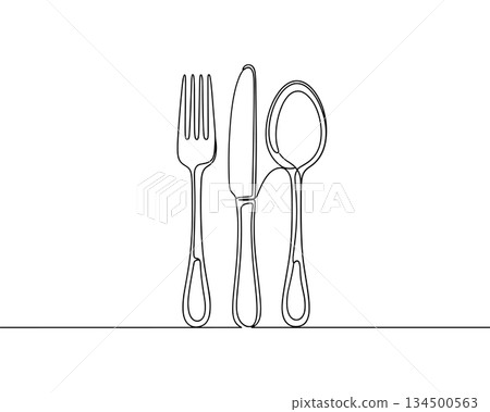 Cutlery fork knife spoon line art vector. Minimal kitchen utensils continuous line illustration vector Cutlery fork knife spoon line art vector. Minimal kitchen utensils continuous line illustration vector 134500563