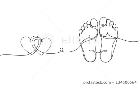 Baby footprints heart line art vector. Continuous newborn feet love illustration vector Baby footprints heart line art vector. Continuous newborn feet love illustration vector 134500564
