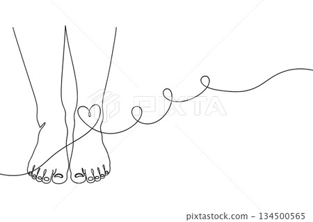 Standing feet heart line art vector. Continuous line legs with love symbol illustration vector 134500565