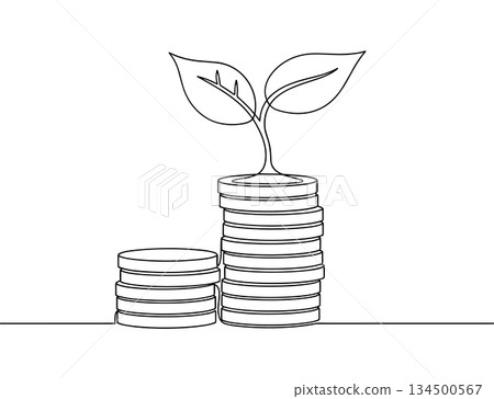 Money growth coins plant line art vector. Continuous investment savings finance illustration vector Money growth coins plant line art vector. Continuous investment savings finance illustration vector 134500567