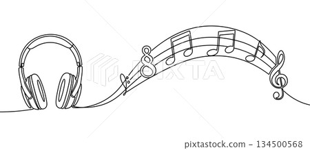 Headphones with music notes line art vector. Continuous sound wave melody illustration vector Headphones with music notes line art vector. Continuous sound wave melody illustration vector 134500568