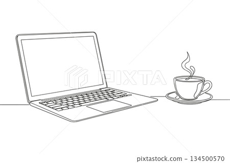 Laptop with coffee cup line art vector. Minimal home office workspace continuous illustration vector 134500570