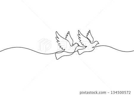 Two flying birds line art vector. Continuous love doves minimal illustration vector 134500572