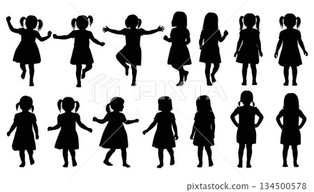 Little girl poses silhouette vector. Kids playing child figure collection illustration vector Little girl poses silhouette vector. Kids playing child figure collection illustration vector 134500578
