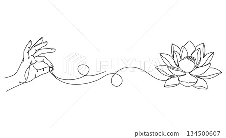 Hand with lotus flower line art vector. Continuous spiritual meditation divider illustration vector Hand with lotus flower line art vector. Continuous spiritual meditation divider illustration vector 134500607
