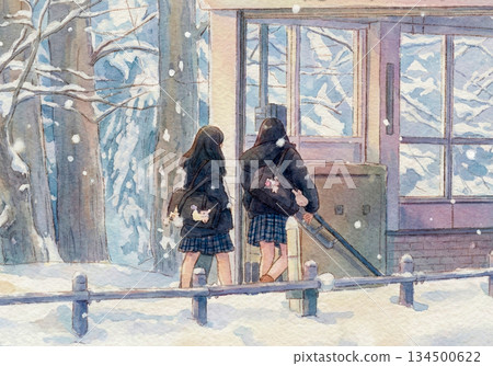 【插畫風格】雪天上學路線:一位女學生在冬日的清晨步行上學(人工智慧生成) 【插畫風格】雪天上學路線:一位女學生在冬日的清晨步行上學(人工智慧生成) 134500622