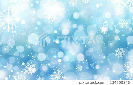Beautiful blue winter background with snow and soft bokeh lights, ideal for creating holiday cards, posters, or flyers. 134500846