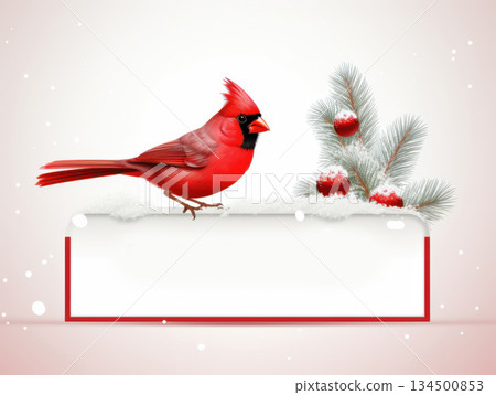 A cute red bird rests on frosted branches, beside a blank sign, with soft snowflakes falling from a light blue sky. 134500853