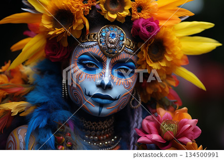 Vibrant Tribal Face Paint and Flowers 134500991