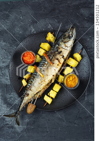 Seafood Skewer with Mackerel and Pineapple Seafood Skewer with Mackerel and Pineapple 134501212