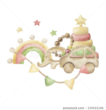 Composition with children's eco toys: car, elephant, pyramid, teether, flags. Watercolor illustration drawn by hand. For design, children's room, baby shower, packaging, cards, blogs, invitation 134501246