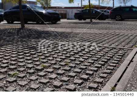 General view of permeable concrete pavers filled with gravel, with an outer covering for drainage and stability. A sustainable planning concept with modern paving solutions. General view of permeable concrete pavers filled with gravel, with an outer covering for drainage and stability. A sustainable planning concept with modern paving solutions. 134501440
