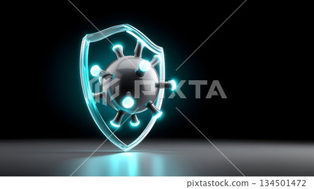 A futuristic shield representing protection against viruses, depicted with glowing edges and a virus structure in the center, illustrating the importance of safety in health. 134501472