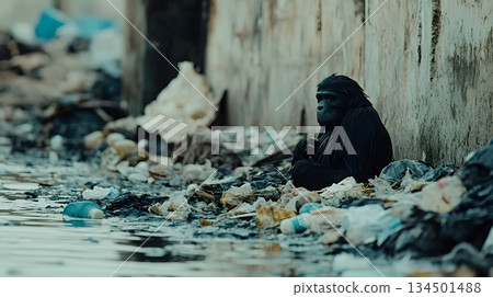 A lone gorilla sits by a polluted river, surrounded by debris and trash. This image highlights the urgent need for environmental conservation and awareness of wildlife habitats. 134501488