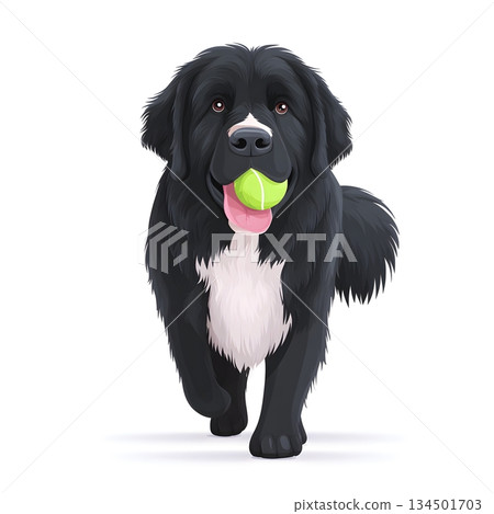 A playful dog running towards the viewer with a cheerful expression, holding a green tennis ball in its mouth. The illustration captures the joy and energy of pets in motion. 134501703