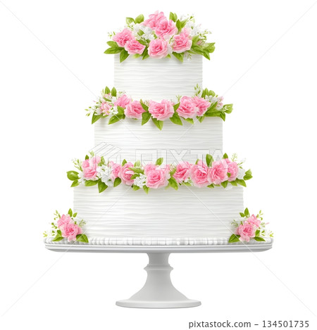 A stunning three-tier wedding cake adorned with delicate pink roses and lush greenery, perfect for celebrations and special occasions, showcasing elegance and deliciousness. 134501735
