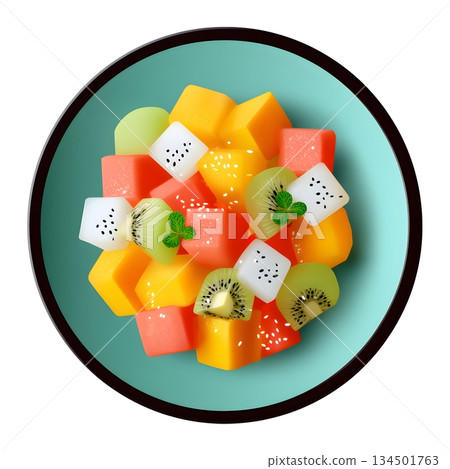 A vibrant bowl of fresh fruit salad featuring colorful cubes of melon, kiwi, and dragon fruit, garnished with mint leaves, perfect for healthy eating and summer delights. 134501763