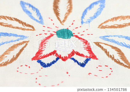 Traditional folk embroidery with red, blue, and brown floral pattern Traditional folk embroidery with red, blue, and brown floral pattern 134501786