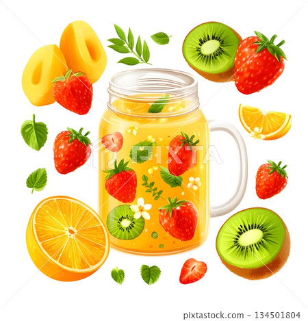 A vibrant illustration of a refreshing fruit drink in a jar, surrounded by fresh strawberries, oranges, kiwis, and mint leaves, perfect for summer and health-focused themes. 134501804